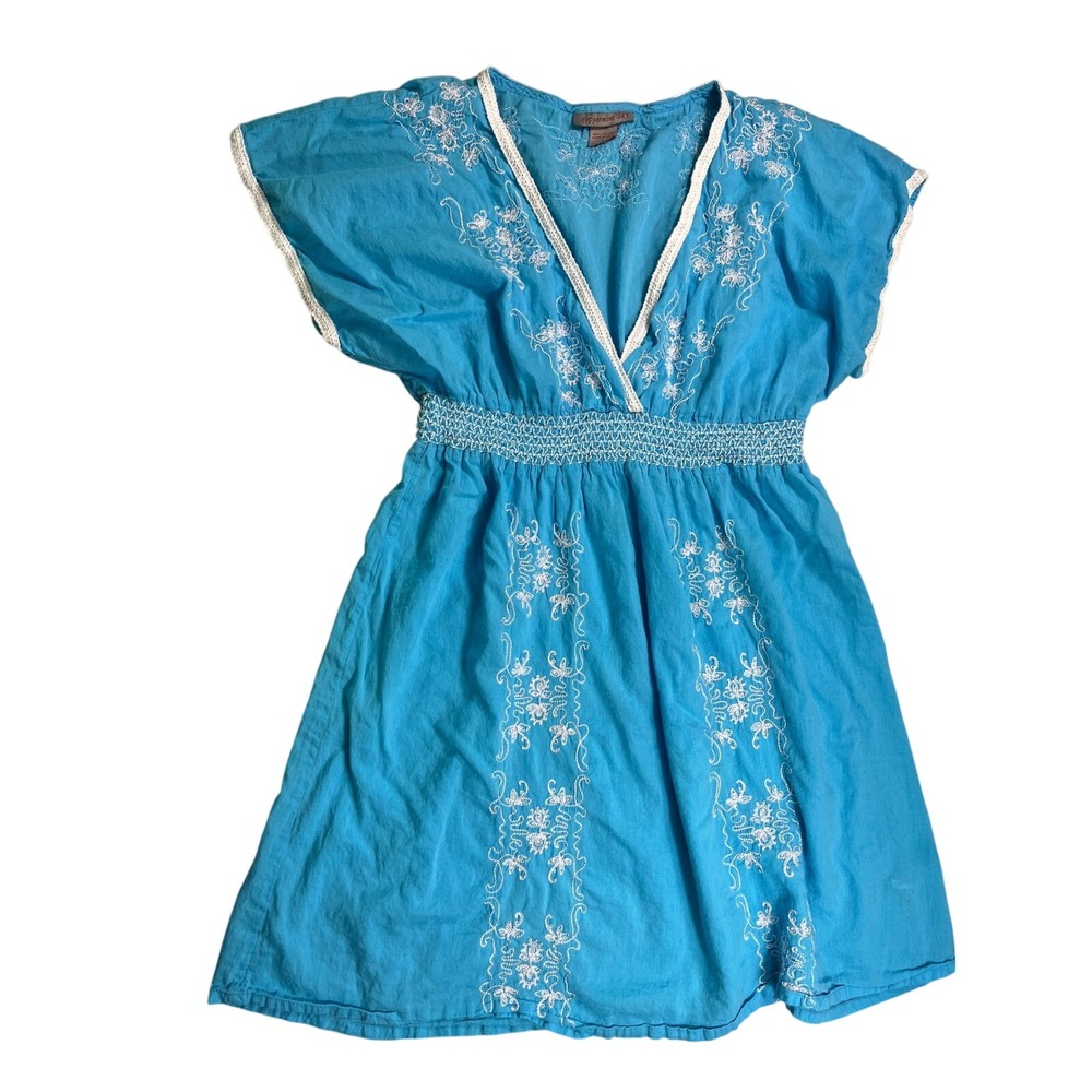 Peppermint Bay Dress Large Blue Embroidered 100% Cotton Boho Smocked Waist